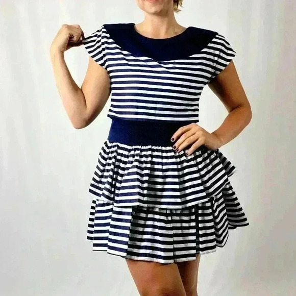 Vintage 80s Diamond’s Run Striped A-Line Ruffle Flare Skirt Dress - M - Picture 1 of 7